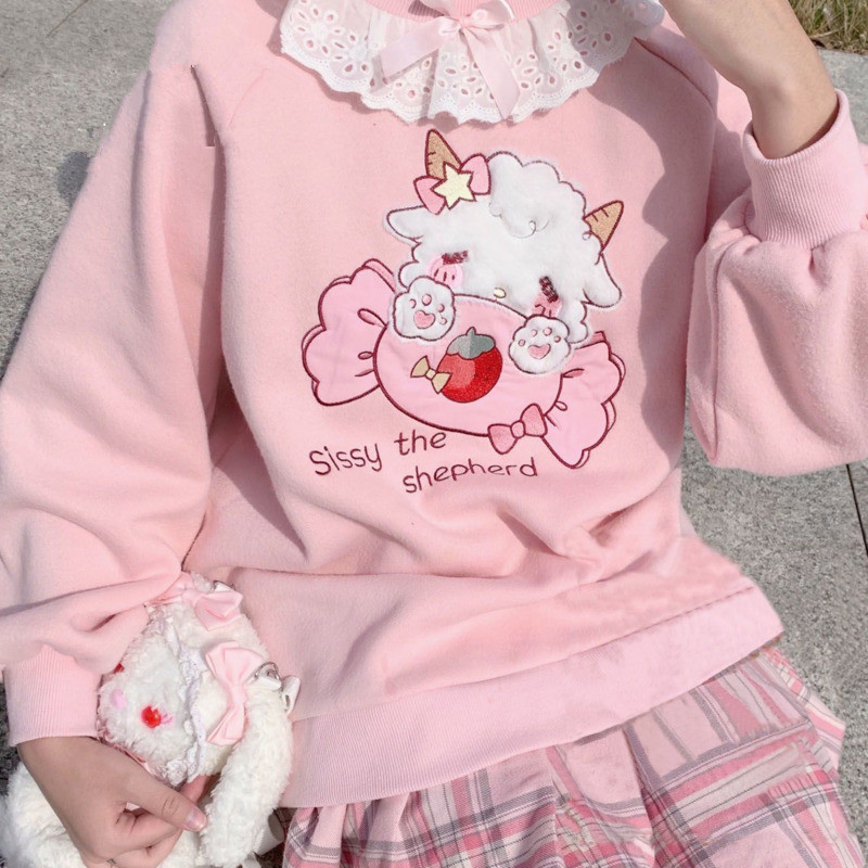 Lace Neck Cute Candy Embroidery Sweatshirt - Cherry Bomb