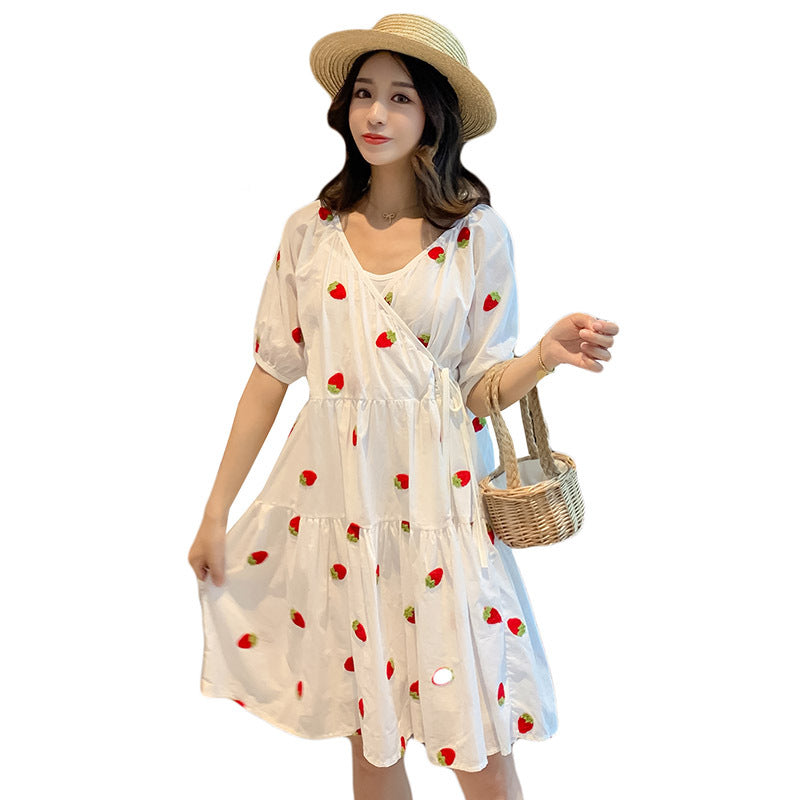 Sweet Berry Strawberry Embroidery Puff Dress