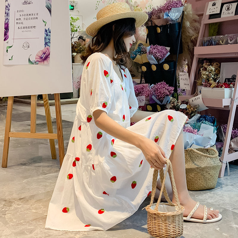Sweet Berry Strawberry Embroidery Puff Dress