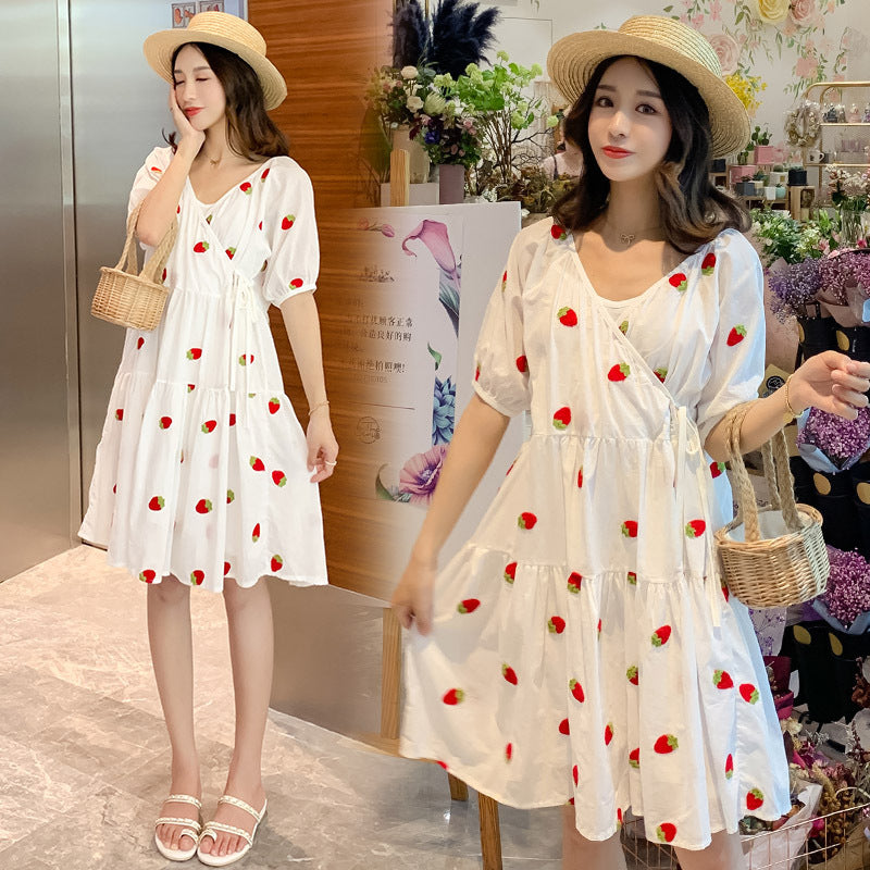 Sweet Berry Strawberry Embroidery Puff Dress