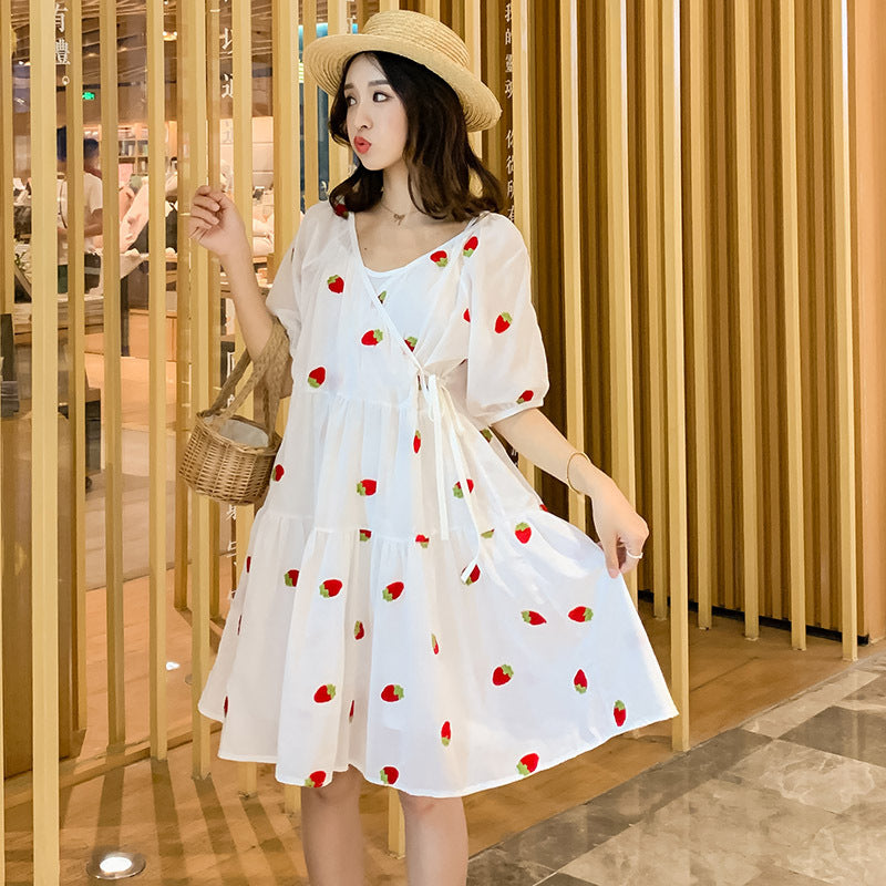 Sweet Berry Strawberry Embroidery Puff Dress