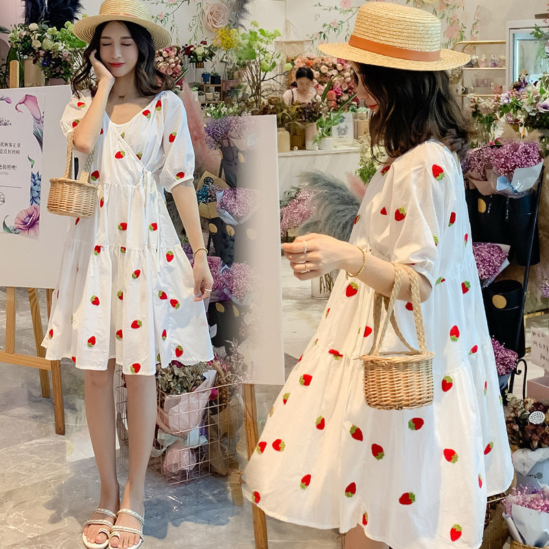 Sweet Berry Strawberry Embroidery Puff Dress