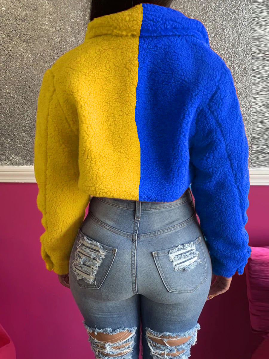 Fluffy Color Blocking Jacket - Cherry Bomb