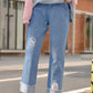 Embroidered Straight Rolled Edge Casual Jeans - Cherry Bomb