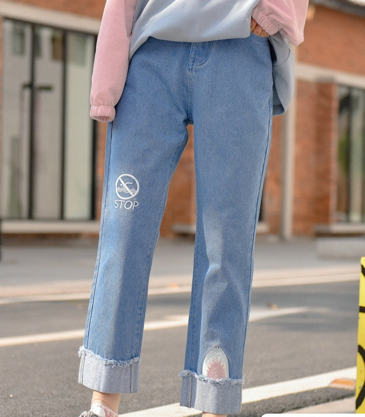 Embroidered Straight Rolled Edge Casual Jeans - Cherry Bomb
