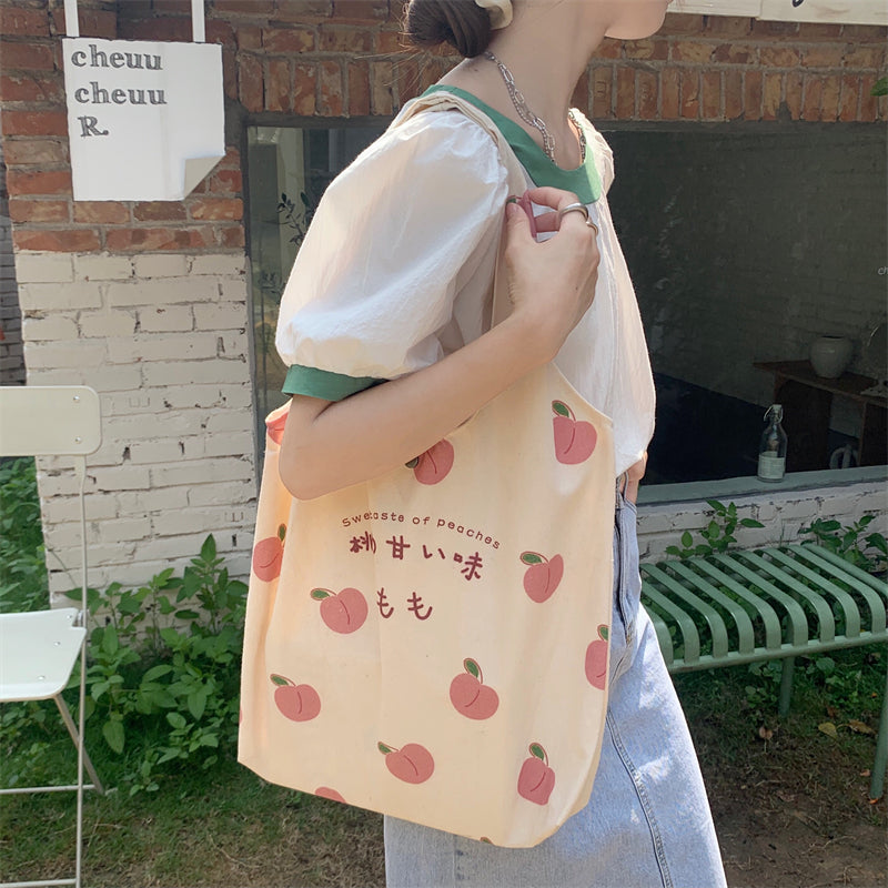 Japanese Peach Print Shoulder Tote Bag - Cherry Bomb