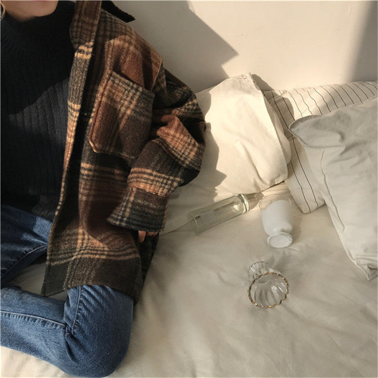 Plaid Mid-length Loose Woolen Coat - Cherry Bomb