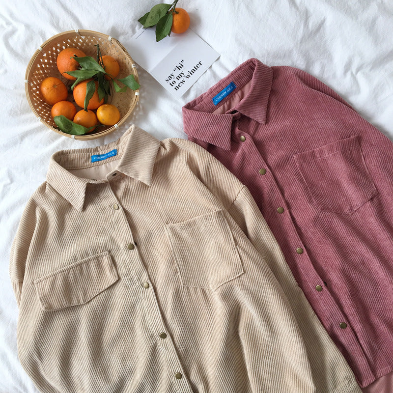 Loose Long-Sleeved Corduroy Jacket - Cherry Bomb