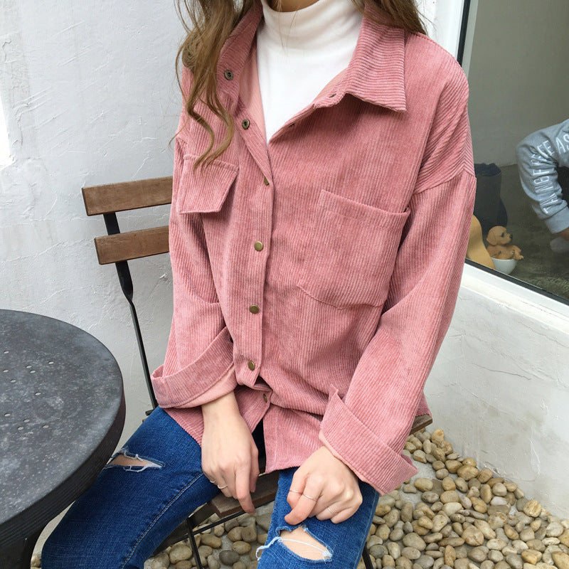 Loose Long-Sleeved Corduroy Jacket - Cherry Bomb