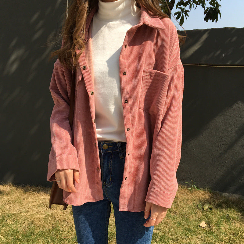 Loose Long-Sleeved Corduroy Jacket - Cherry Bomb