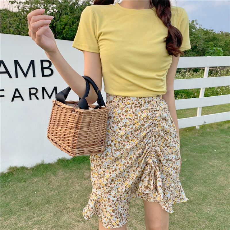 Floral Ruched High Waist Skirt - Cherry Bomb