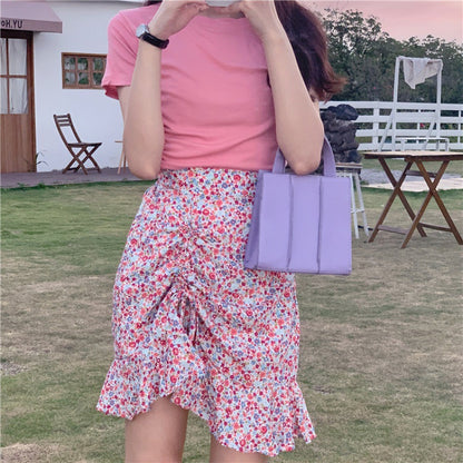 Floral Ruched High Waist Skirt - Cherry Bomb