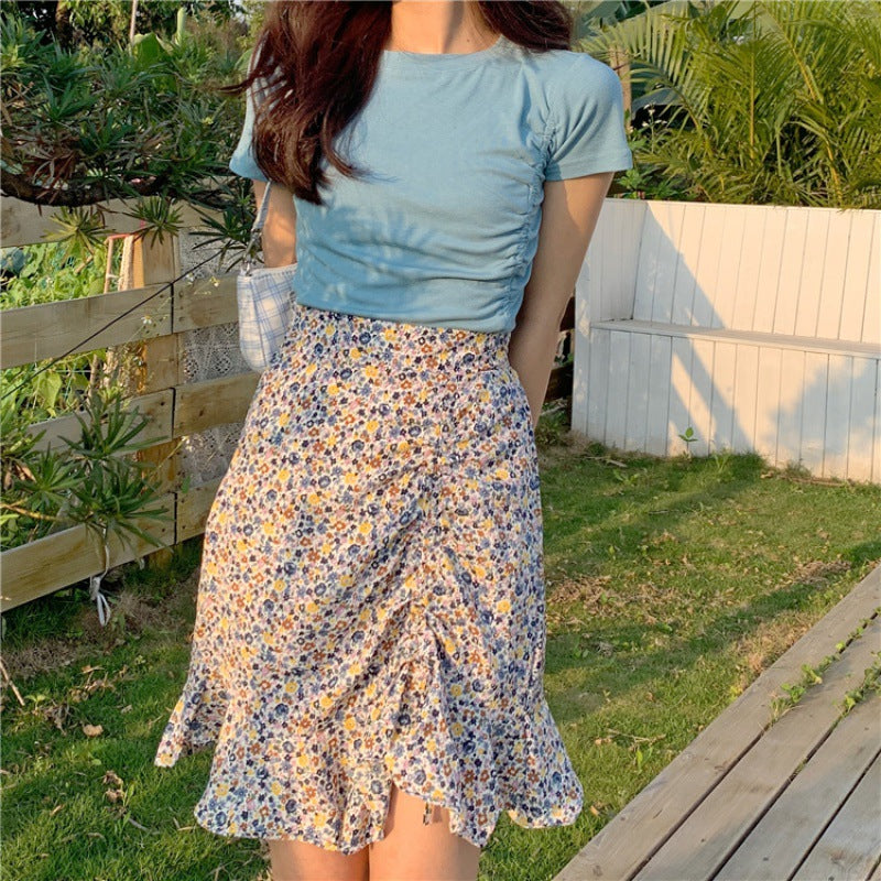 Floral Ruched High Waist Skirt - Cherry Bomb