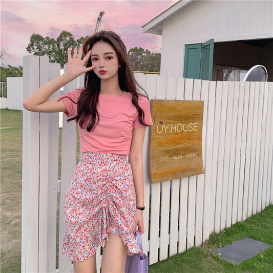Floral Ruched High Waist Skirt - Cherry Bomb