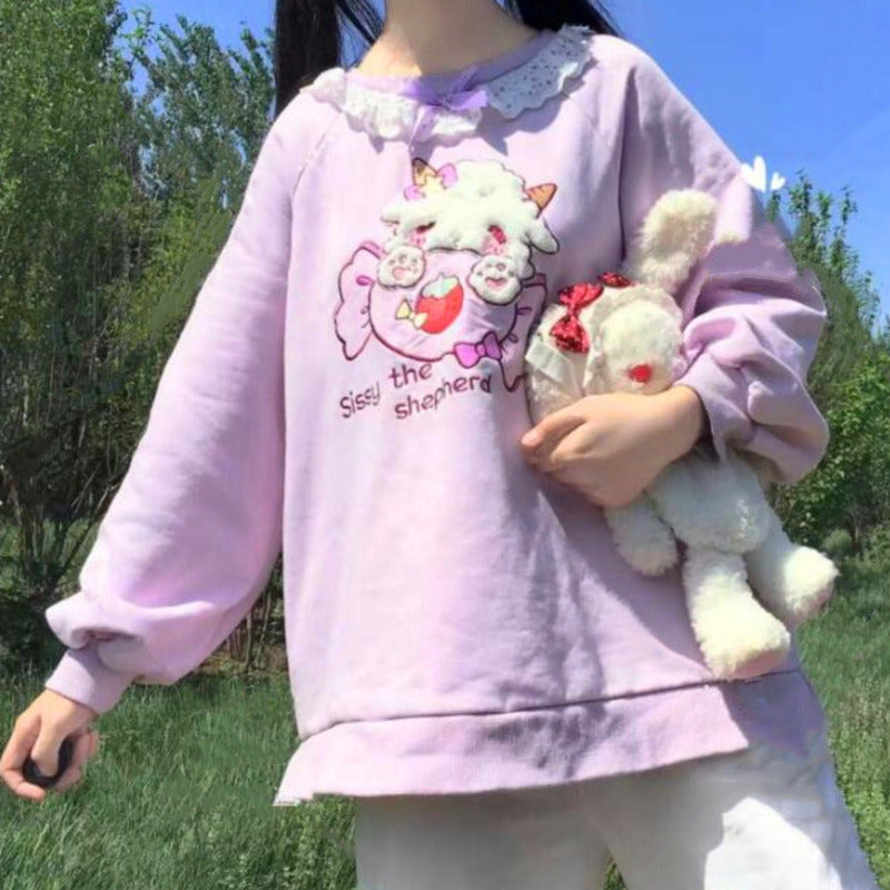 Lace Neck Cute Candy Embroidery Sweatshirt - Cherry Bomb