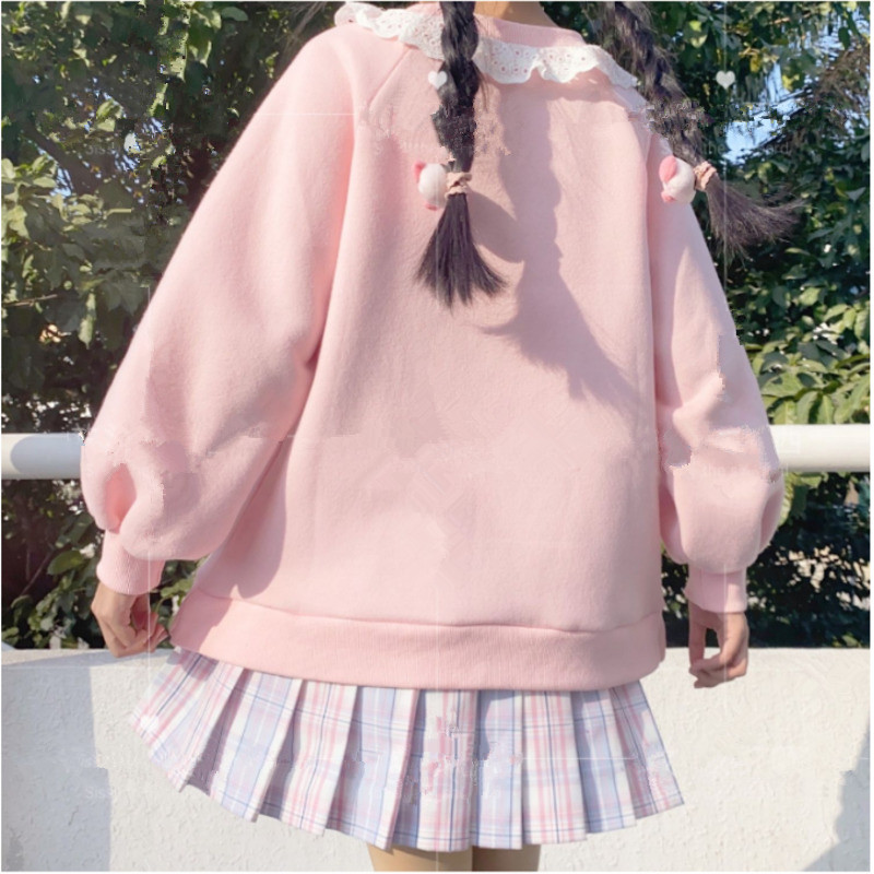 Lace Neck Cute Candy Embroidery Sweatshirt - Cherry Bomb