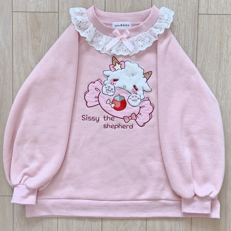 Lace Neck Cute Candy Embroidery Sweatshirt - Cherry Bomb