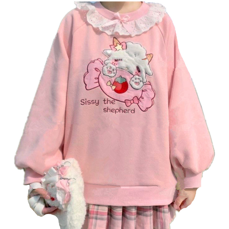 Lace Neck Cute Candy Embroidery Sweatshirt - Cherry Bomb