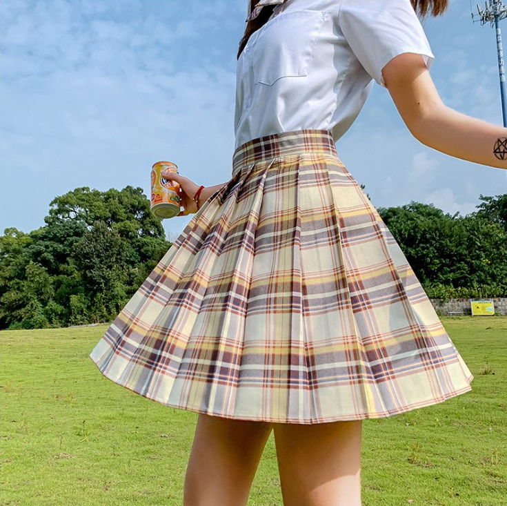 High Waist Plaid Pleated Skirt - Cherry Bomb