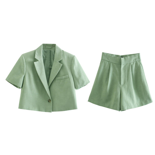 Casual Style Linen Short-Sleeved Short Blazer Set - Cherry Bomb