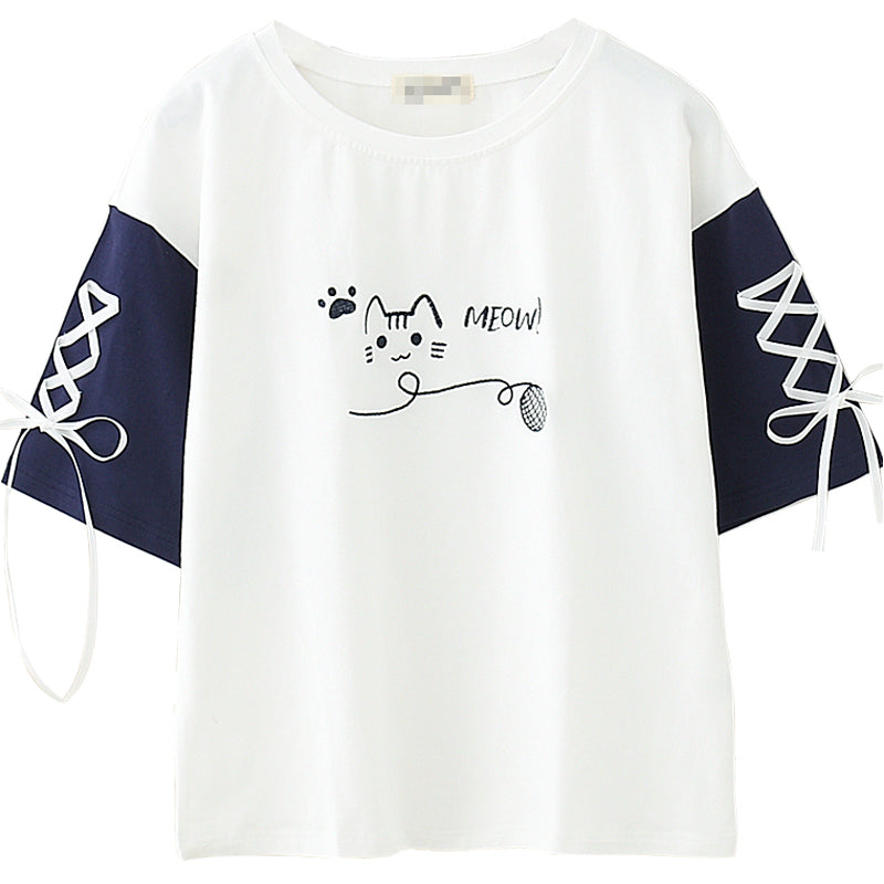 Cat Designed Shirt with Lace Sleeves - Cherry Bomb