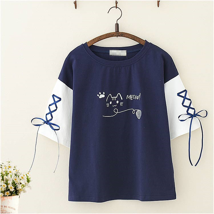 Cat Designed Shirt with Lace Sleeves - Cherry Bomb