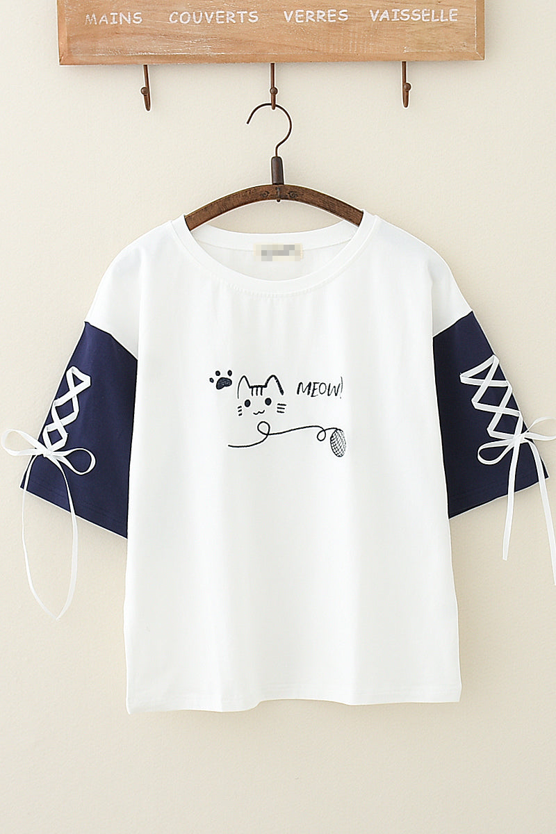 Cat Designed Shirt with Lace Sleeves - Cherry Bomb