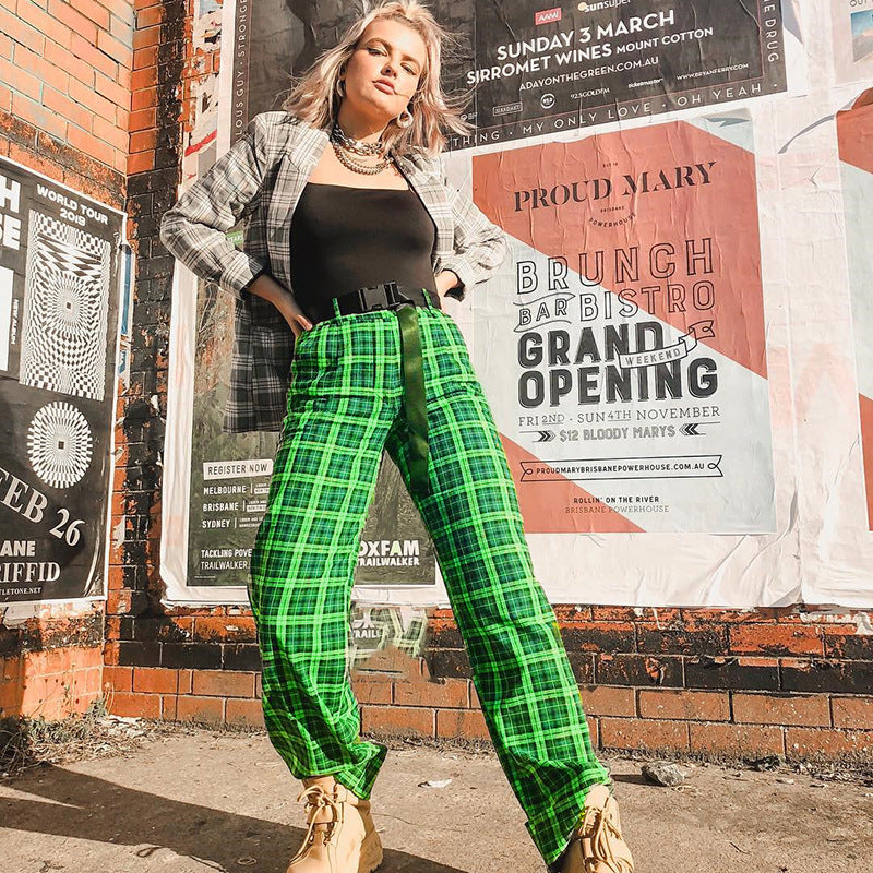 Toxic Plaid High Waist Pants - Cherry Bomb