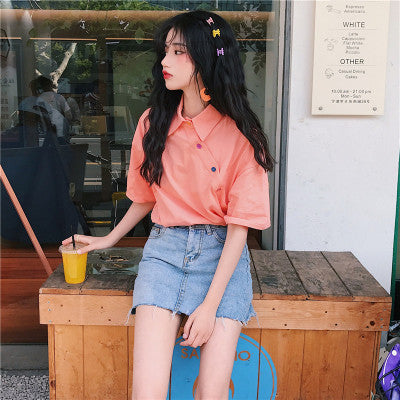 Casual Loose Collared Top with Buttons - Cherry Bomb