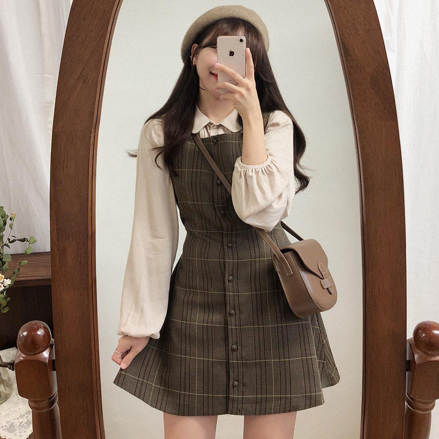 Dark Cocoa Plaid Dress and Top Set