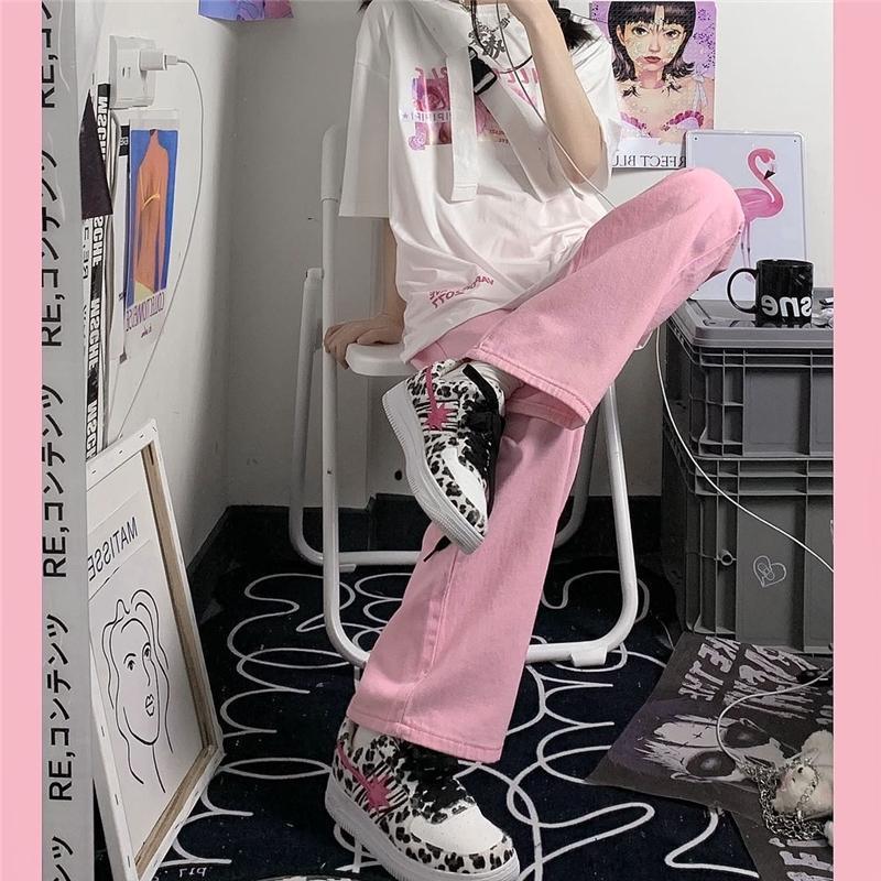 Pink All-match Straight Wide Leg Jeans