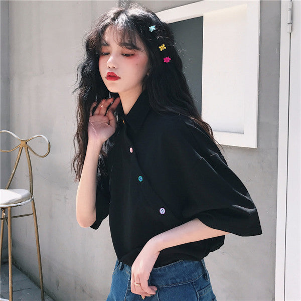 Casual Loose Collared Top with Buttons - Cherry Bomb