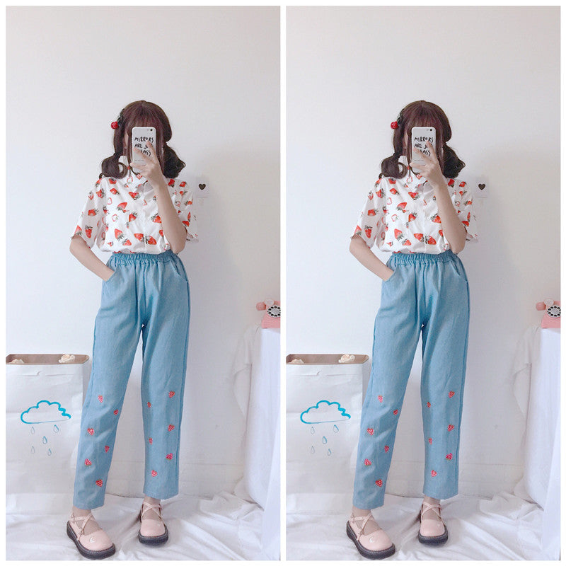 Embroidered Strawberry Jeans - Cherry Bomb