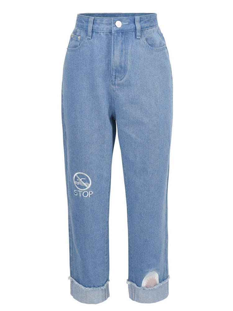Embroidered Straight Rolled Edge Casual Jeans - Cherry Bomb