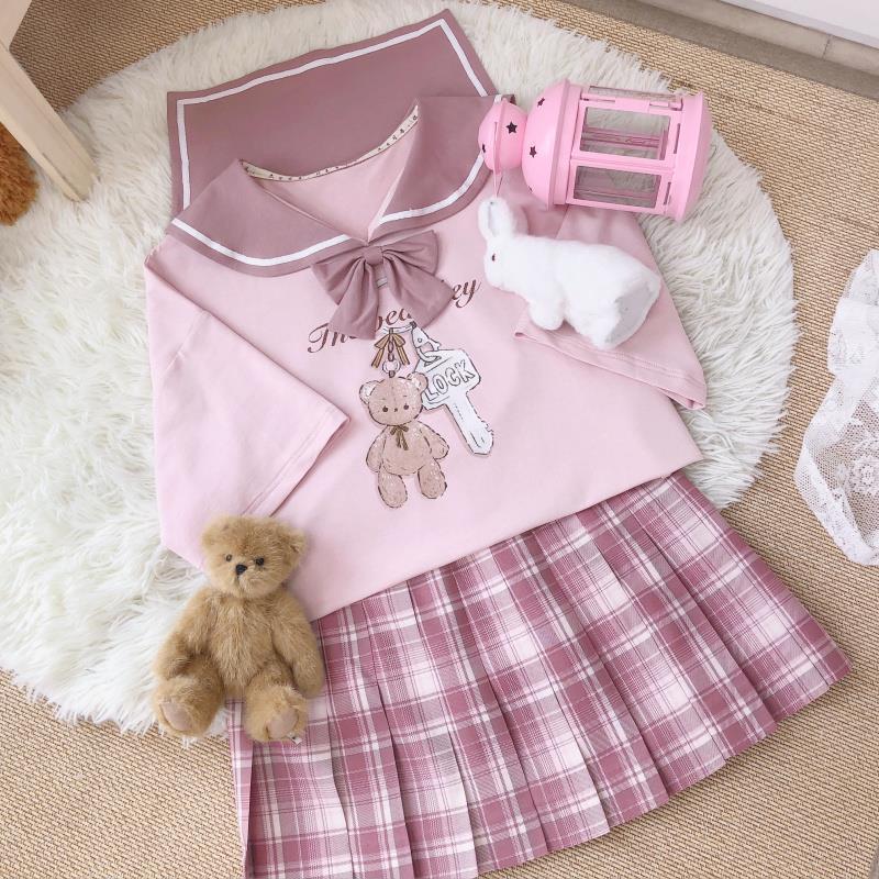 Cute Short-sleeved Sailor Top and Pleated Skirt - Cherry Bomb