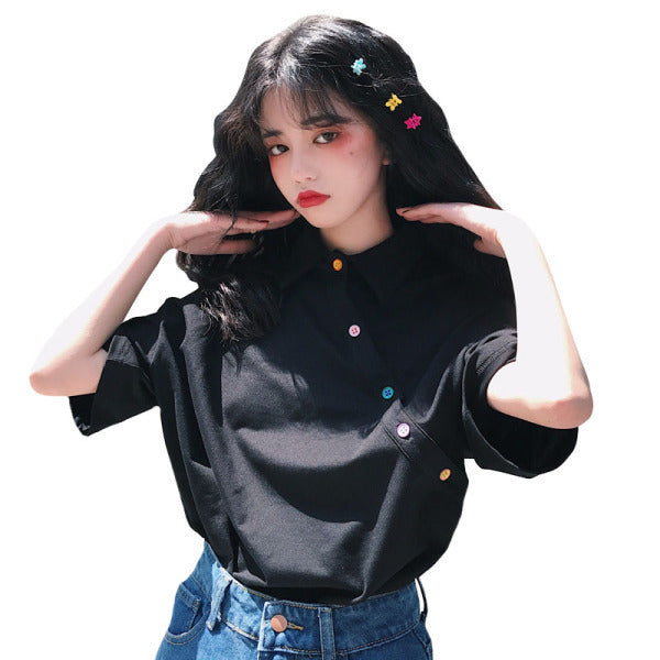 Casual Loose Collared Top with Buttons - Cherry Bomb