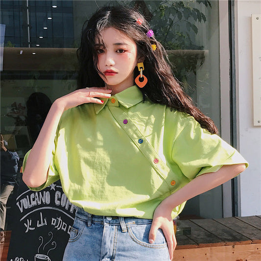 Casual Loose Collared Top with Buttons - Cherry Bomb