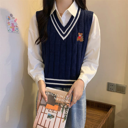 College Style Bear Knitted Sweater Vest