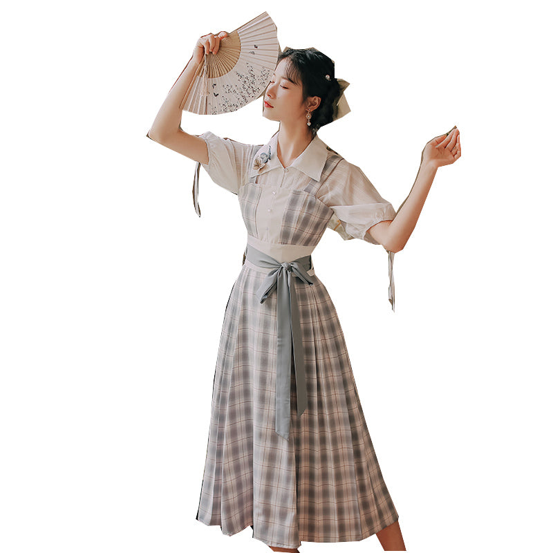 Butterfly Accent Antique Plaid Dress Set - Cherry Bomb