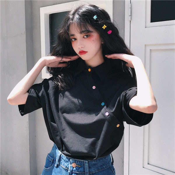 Casual Loose Collared Top with Buttons - Cherry Bomb
