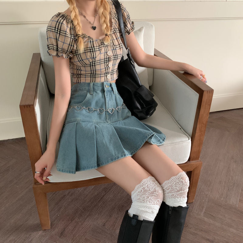 Sweetheart Denim Pleated Skirt - Cherry Bomb