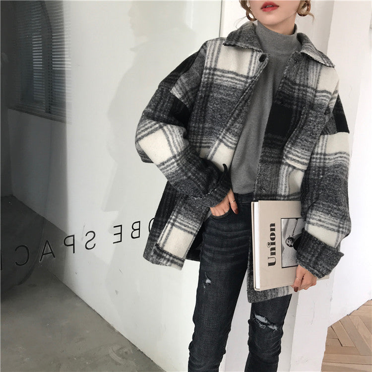 Plaid Mid-length Loose Woolen Coat - Cherry Bomb