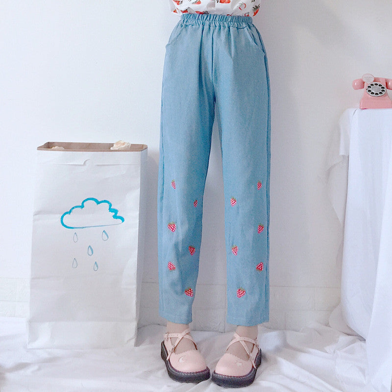 Embroidered Strawberry Jeans - Cherry Bomb