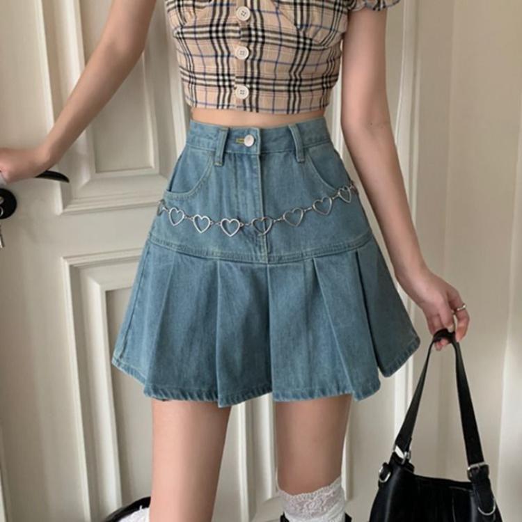 Sweetheart Denim Pleated Skirt - Cherry Bomb