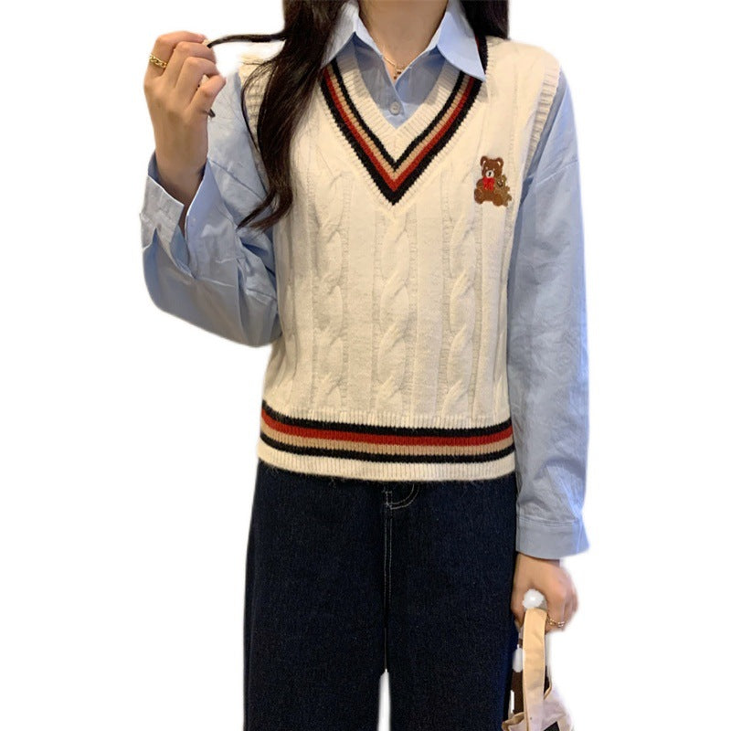College Style Bear Knitted Sweater Vest
