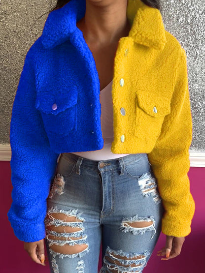 Fluffy Color Blocking Jacket - Cherry Bomb