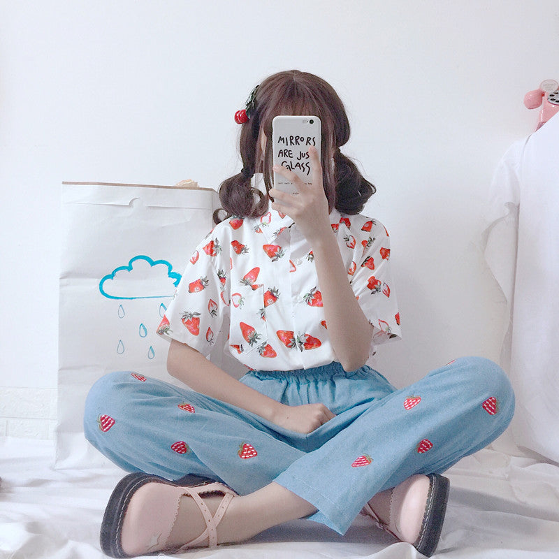 Embroidered Strawberry Jeans - Cherry Bomb