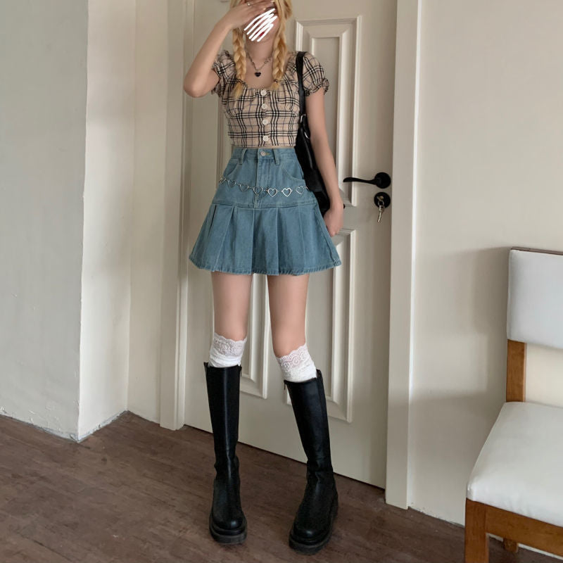 Sweetheart Denim Pleated Skirt - Cherry Bomb