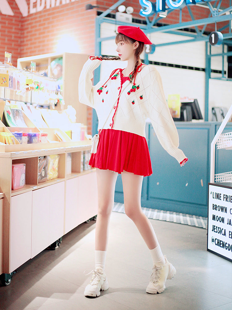 Strawberry Embroidery Knit Sweater - Cherry Bomb