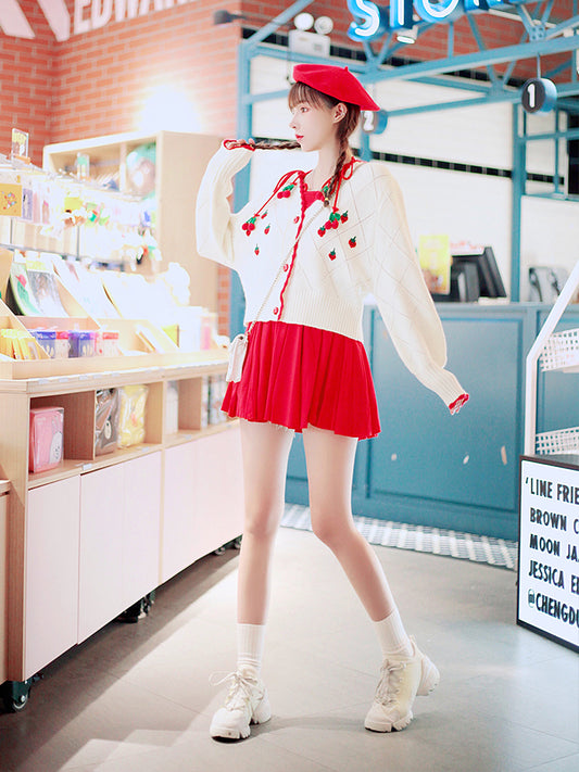 Strawberry Embroidery Knit Sweater - Cherry Bomb